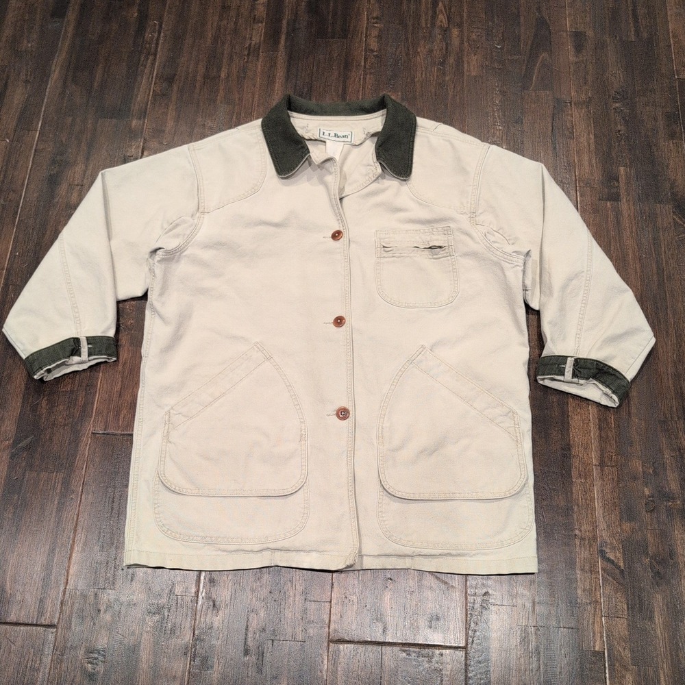 Vintage LL Bean Tan Canvas Field Jacket Men's‎ 2XL Corduroy Collar Snap Workwear